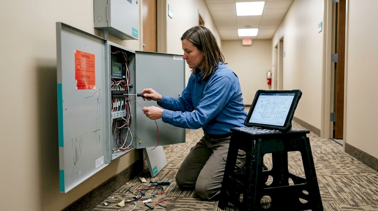 Technician installing addressable fire alarm system