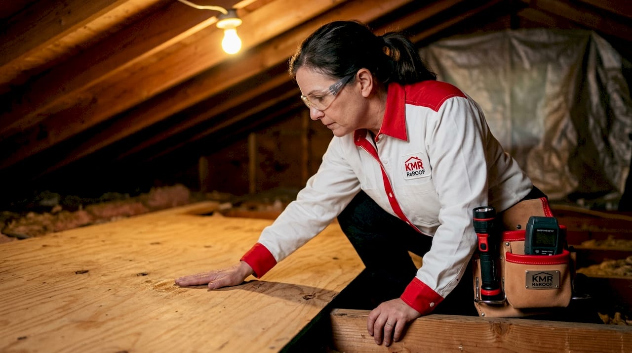 Woman checking roof deck for water damage