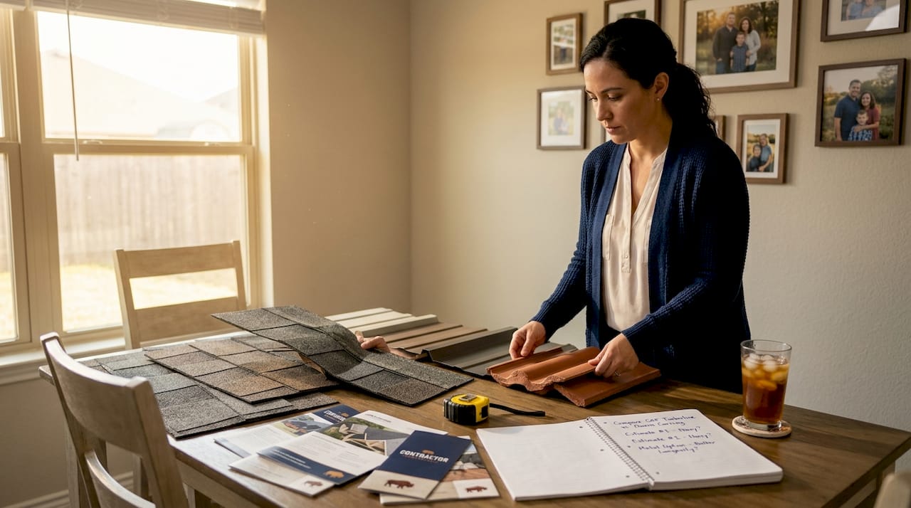 Homeowner reviews roof materials and tools