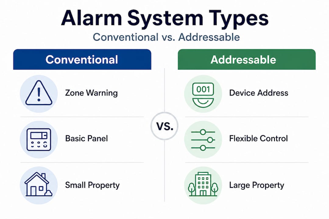 Infographic comparing conventional and addressable fire alarms