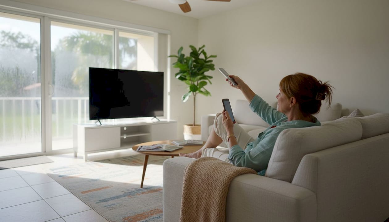 Florida homeowner relaxes in cool living room