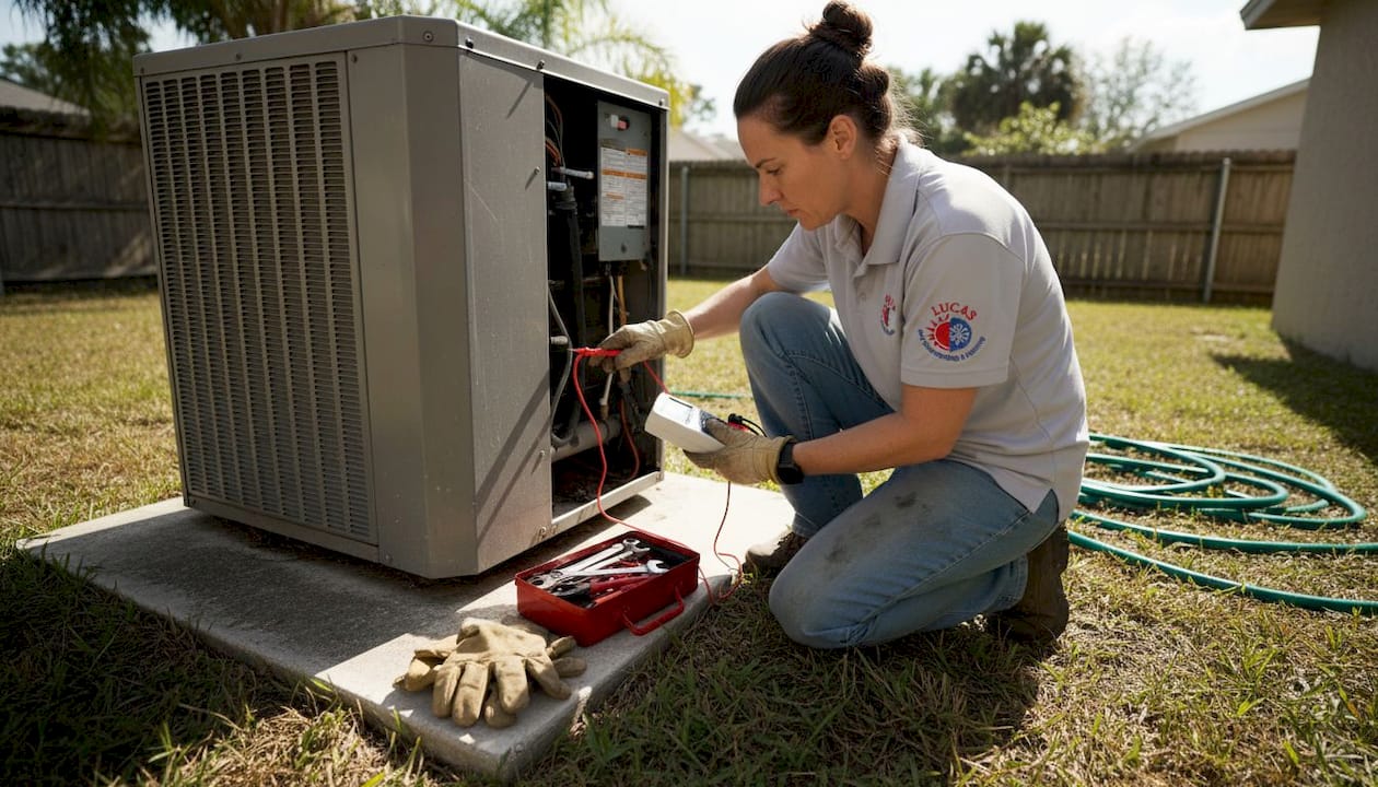 Technician testing outdoor AC unit with tools