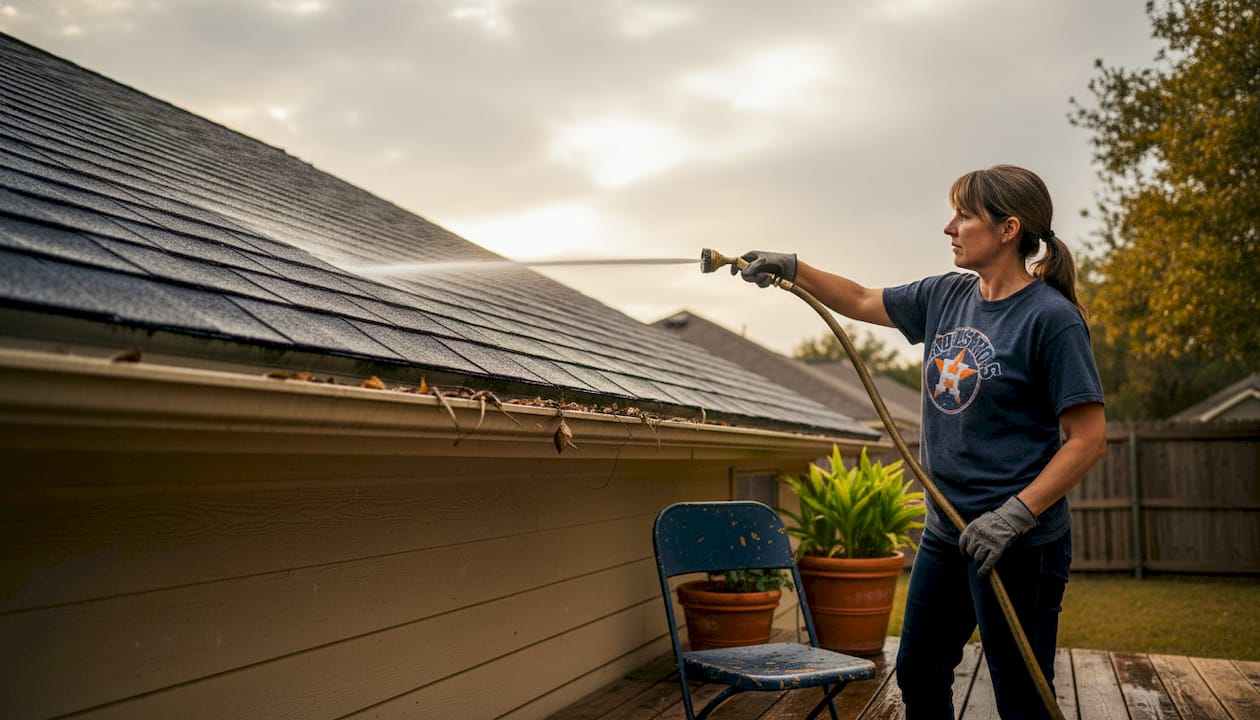 Homeowner performing roof maintenance outdoors