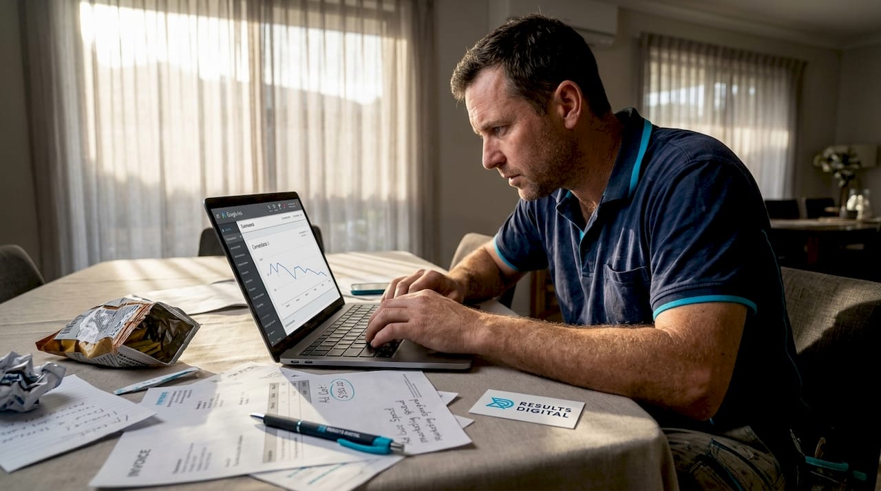 Man analyzing marketing data on laptop, reviewing performance metrics for roofing business, surrounded by notes and branding materials from Results Digital.