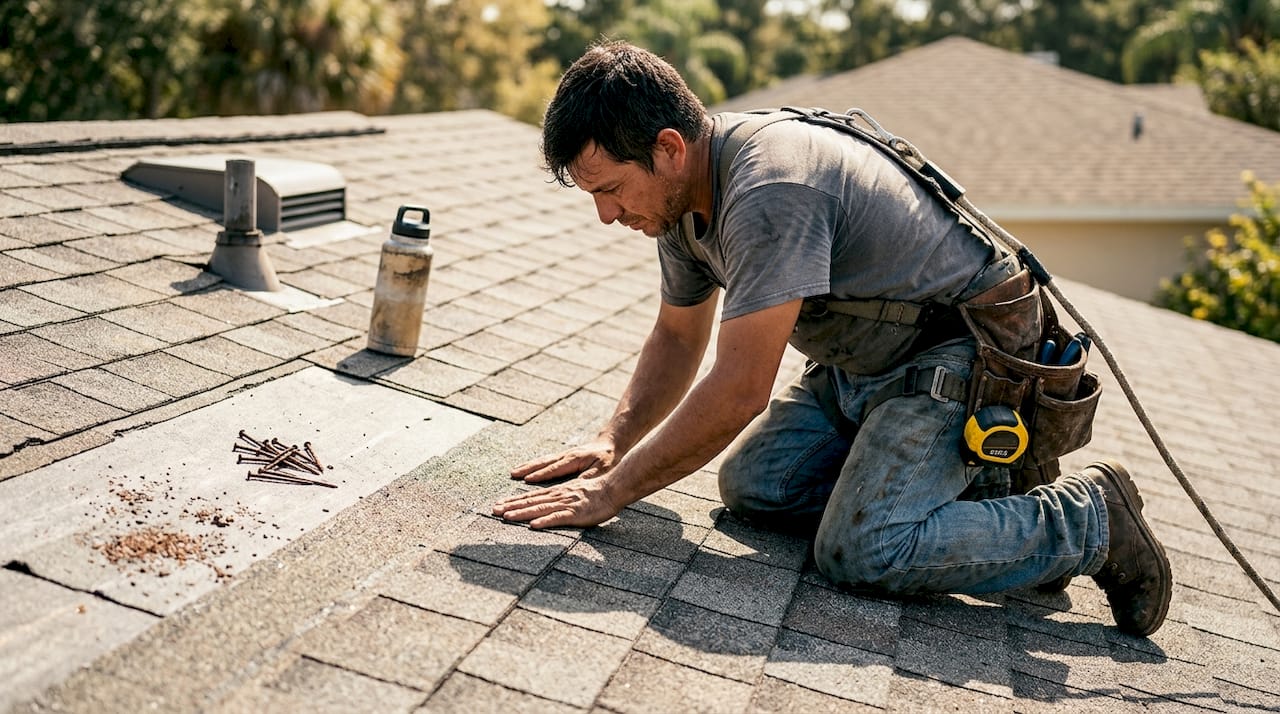 Roofer installs architectural shingles on roof