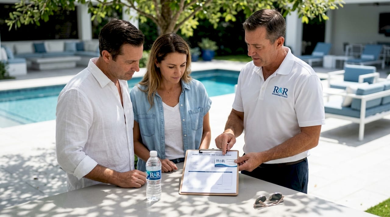 Pool contractor showing credentials to homeowners