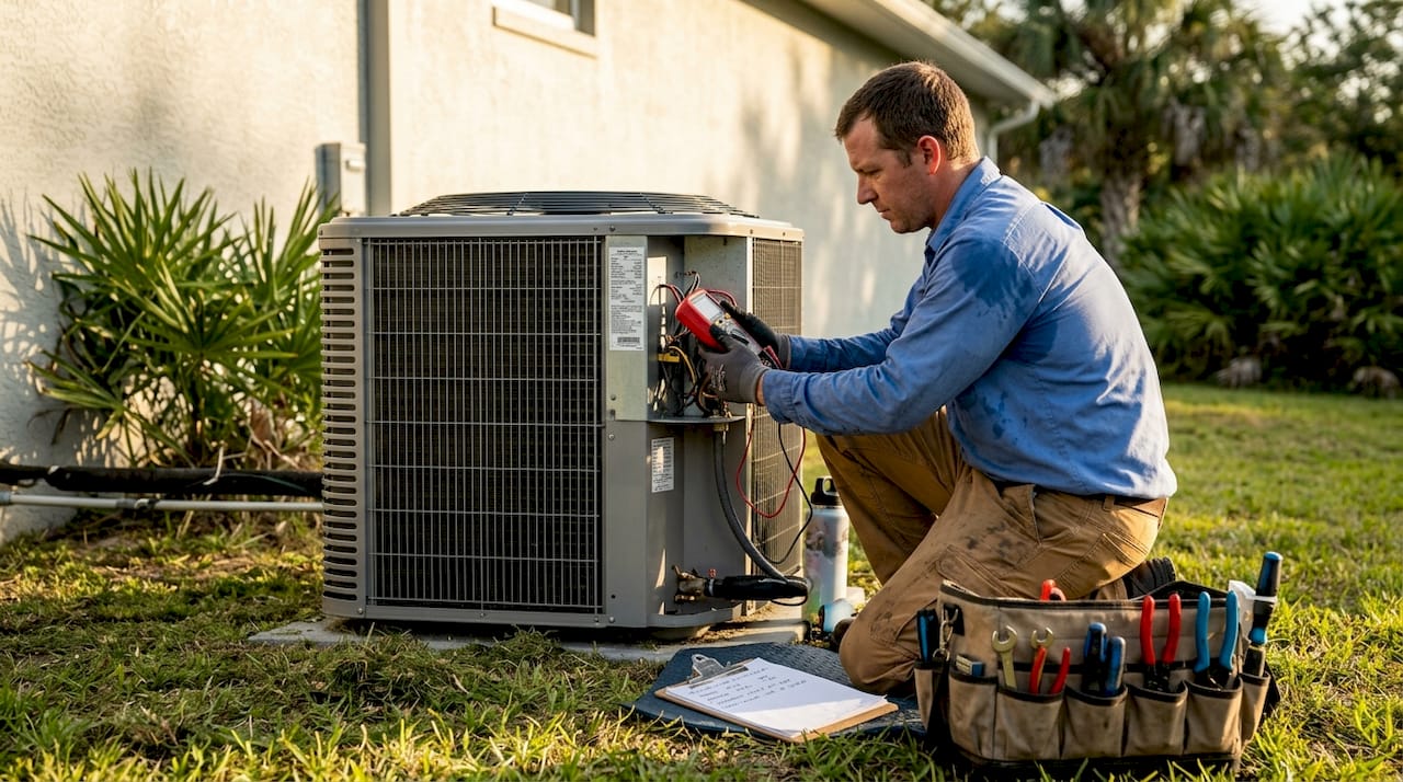 HVAC technician inspecting outdoor unit