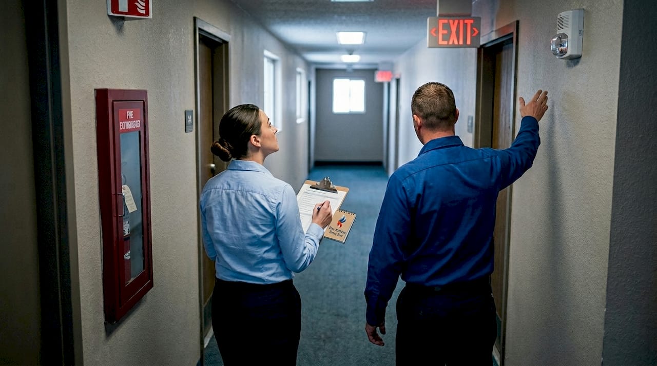 Team conducting fire safety building walk
