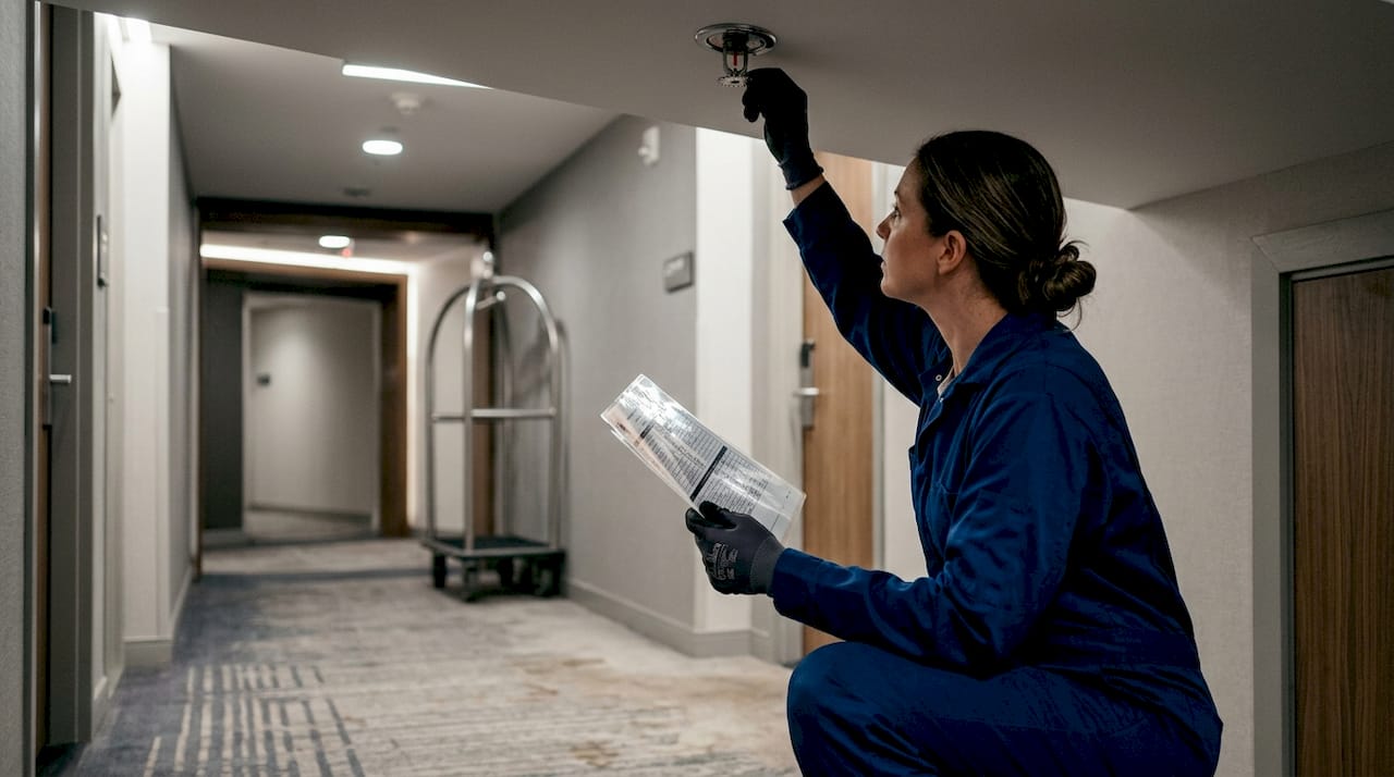 Engineer inspecting hotel fire sprinkler system