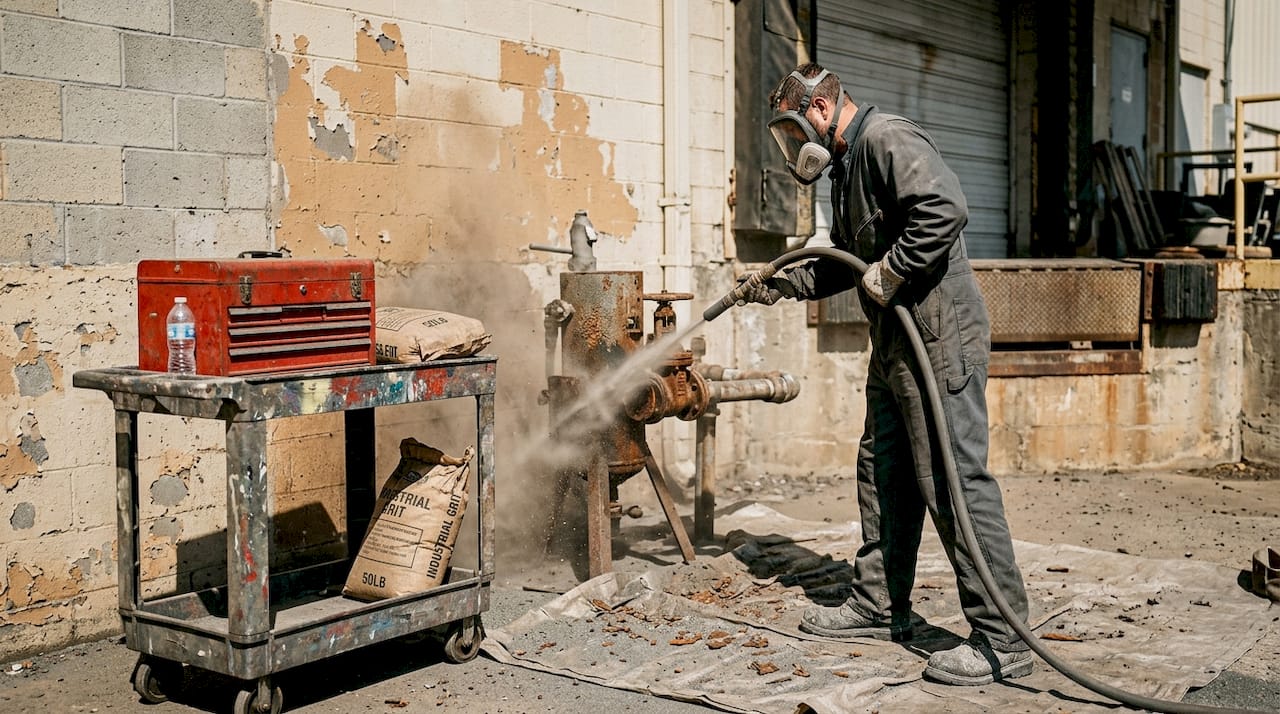 Worker abrasive blasting equipment before painting