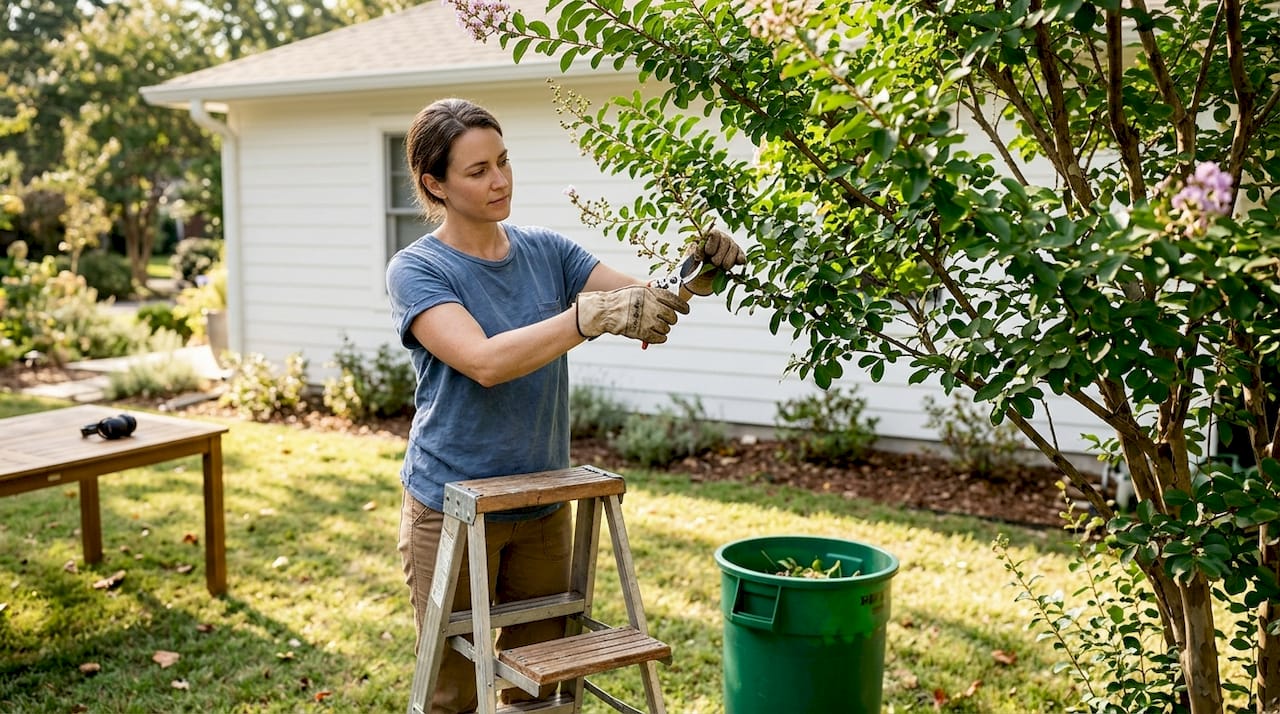 Homeowner trimming crepe myrtle with shears