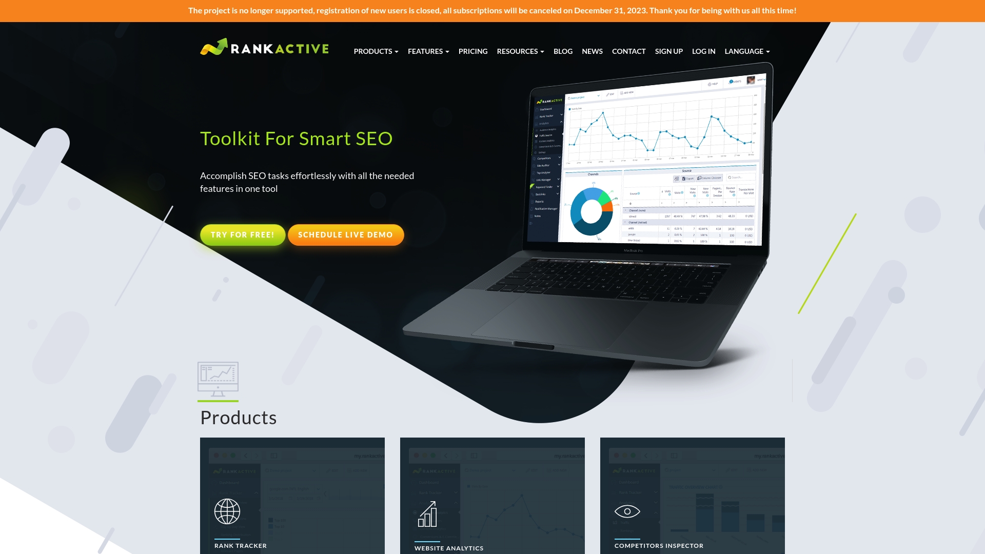 Laptop displaying RankActive SEO platform interface with analytics dashboard and graphs, highlighting features for rank tracking and site performance analysis.