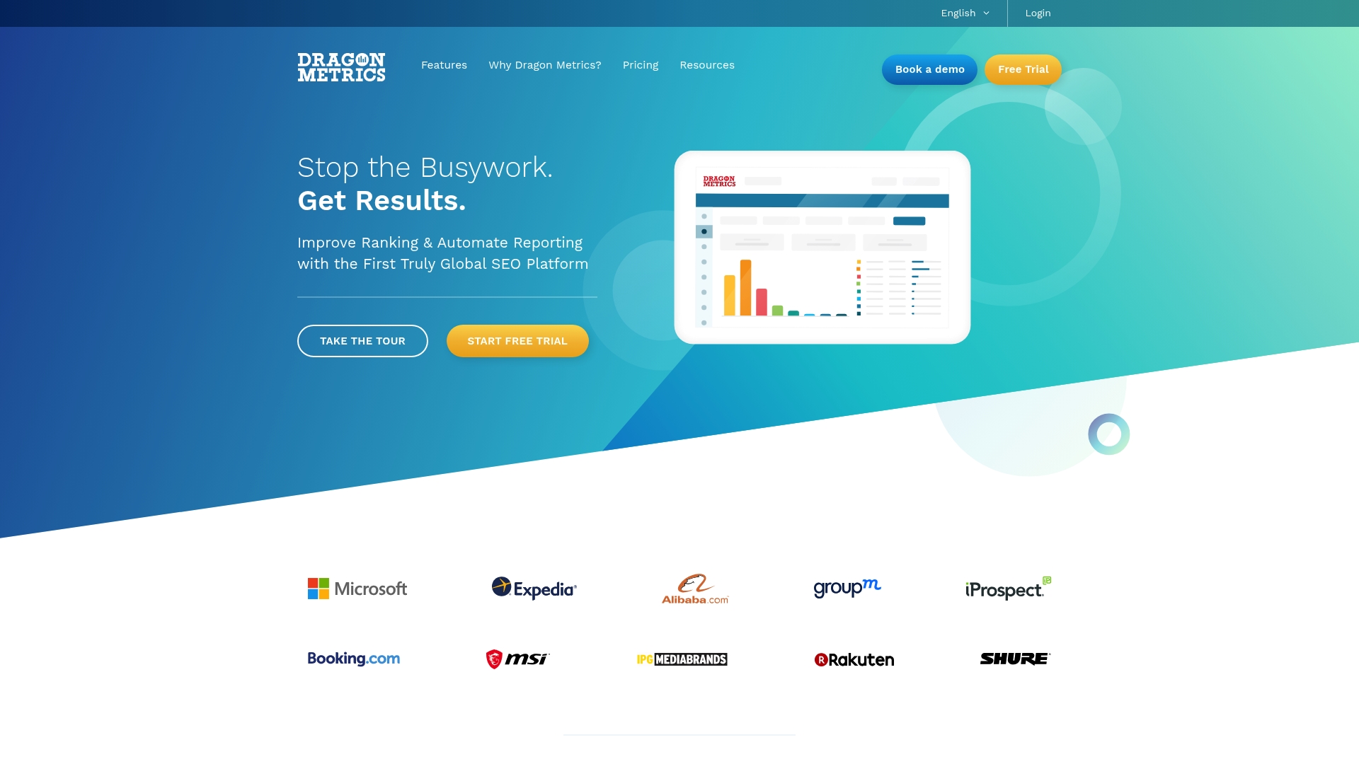 Dragon Metrics homepage showcasing global SEO platform features, including automated reporting and ranking improvement tools, with logos of notable brands like Microsoft and Expedia displayed below.