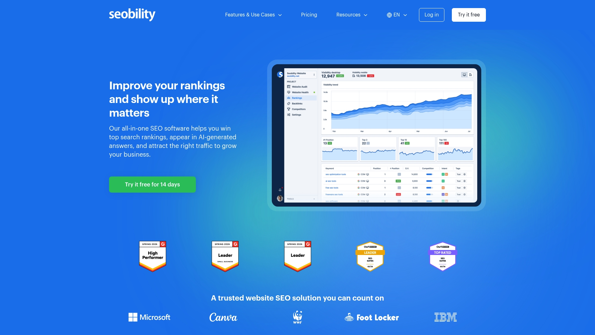 SEO dashboard displaying Seobility's website audit and ranking monitoring features, showcasing keyword performance graphs and visibility metrics in a user-friendly interface, relevant for digital marketing solutions.