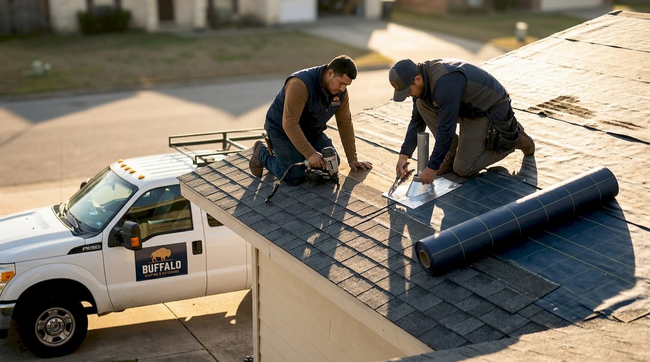 Roofers installing shingles on Portland Texas home