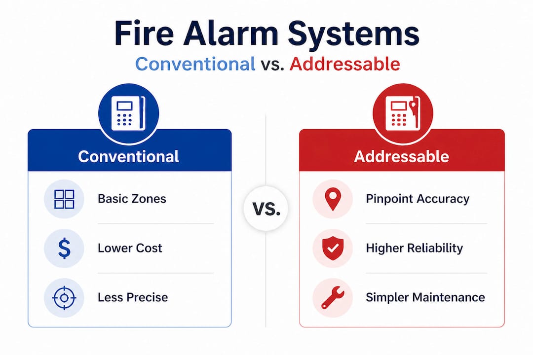 Infographic comparing conventional and addressable fire alarms