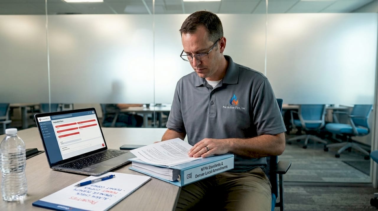 Technician reviewing NFPA standards binder