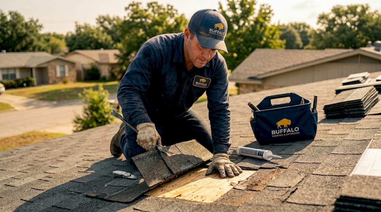 Roofer checking soft roof decking area
