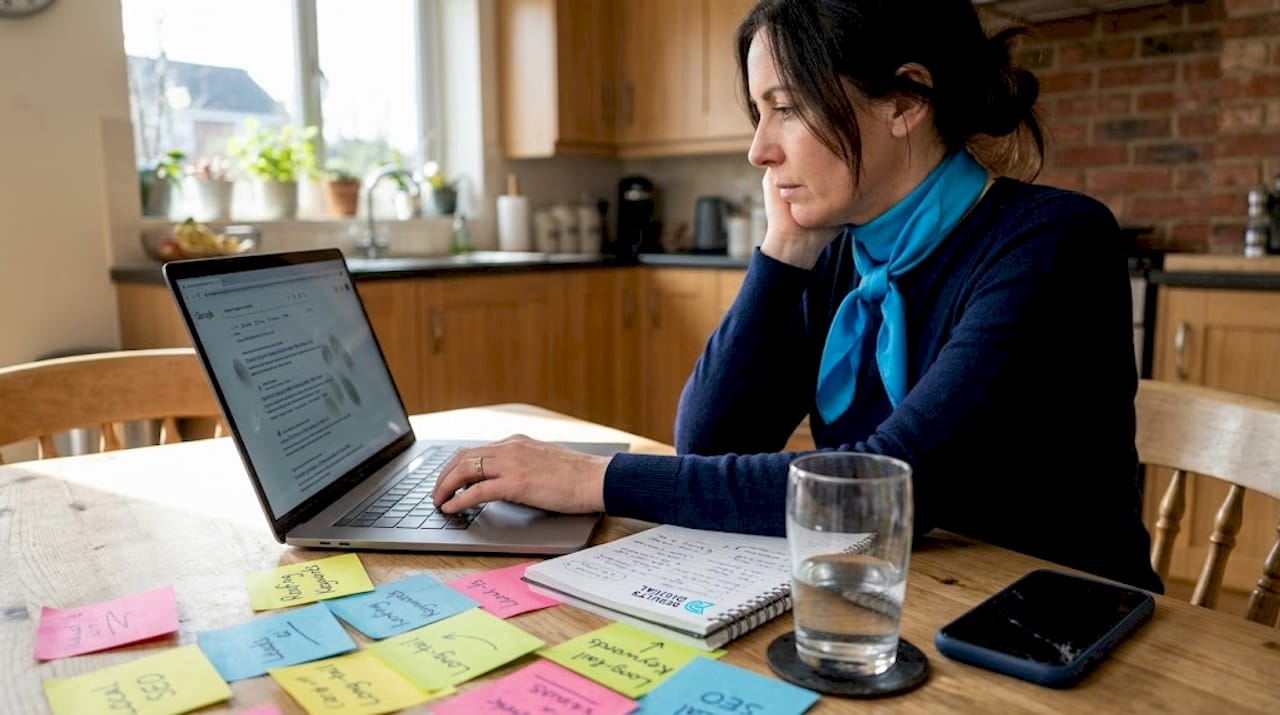 Person brainstorming roofing keywords at a table with sticky notes and a laptop, emphasizing digital marketing strategies for roofing contractors.