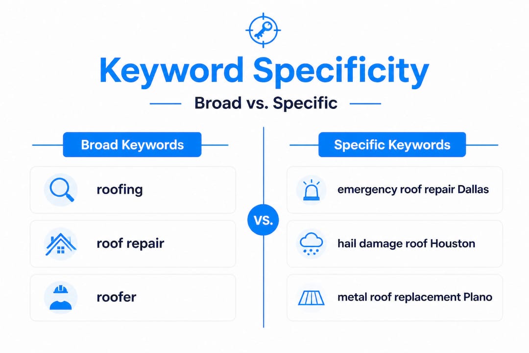 Keyword specificity infographic comparing broad keywords like "roofing" and "roof repair" with specific keywords such as "emergency roof repair Dallas" and "metal roof replacement Plano."