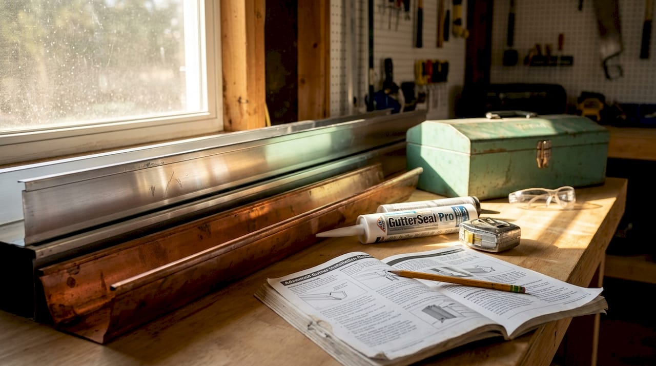 Aluminum and copper box gutter samples on workbench