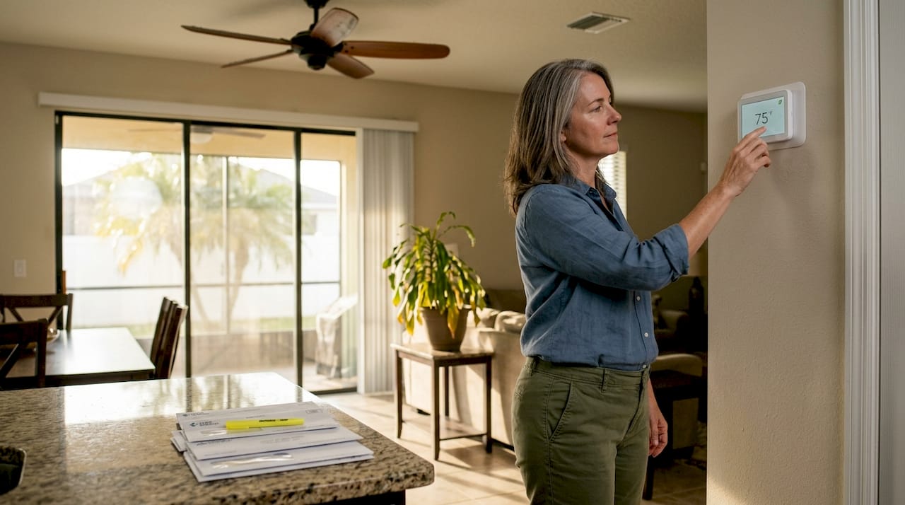 Homeowner adjusting thermostat in sunny Florida room