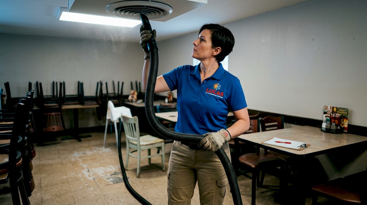Contractor cleaning restaurant hvac ductwork