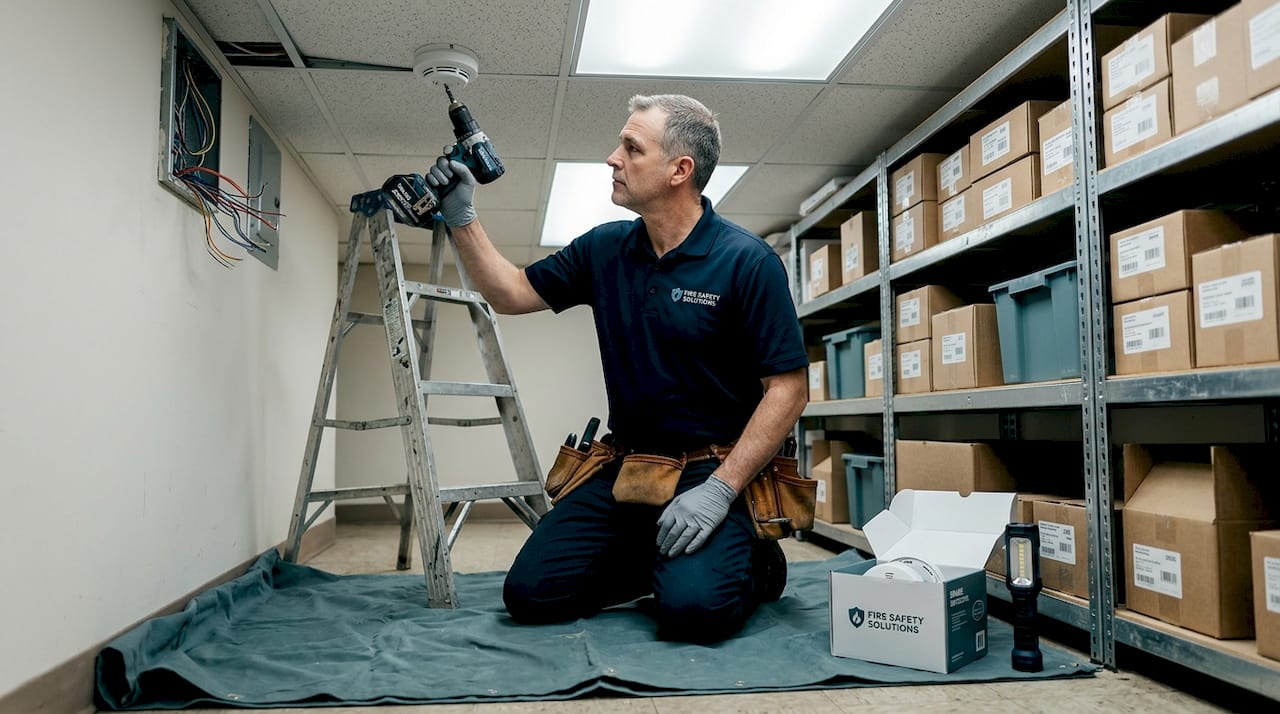 Technician installing smoke detector in backroom