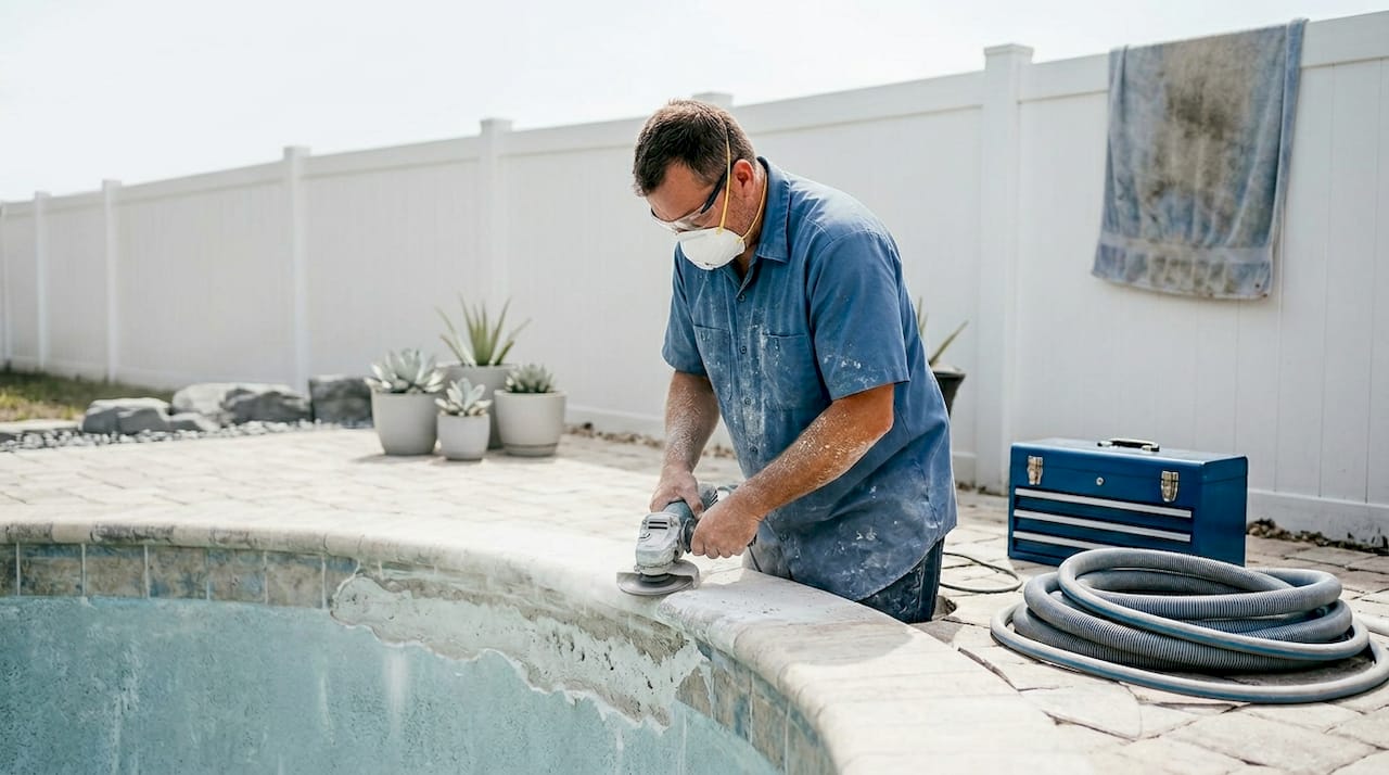 Worker abrading pool surface for prep