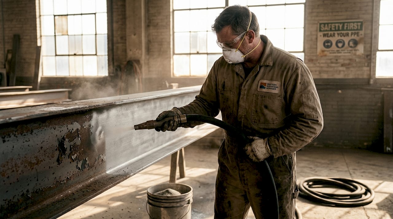 Technician using abrasive cleaning equipment
