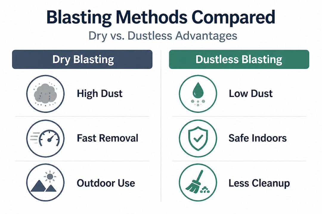 Infographic comparing dry and dustless sandblasting