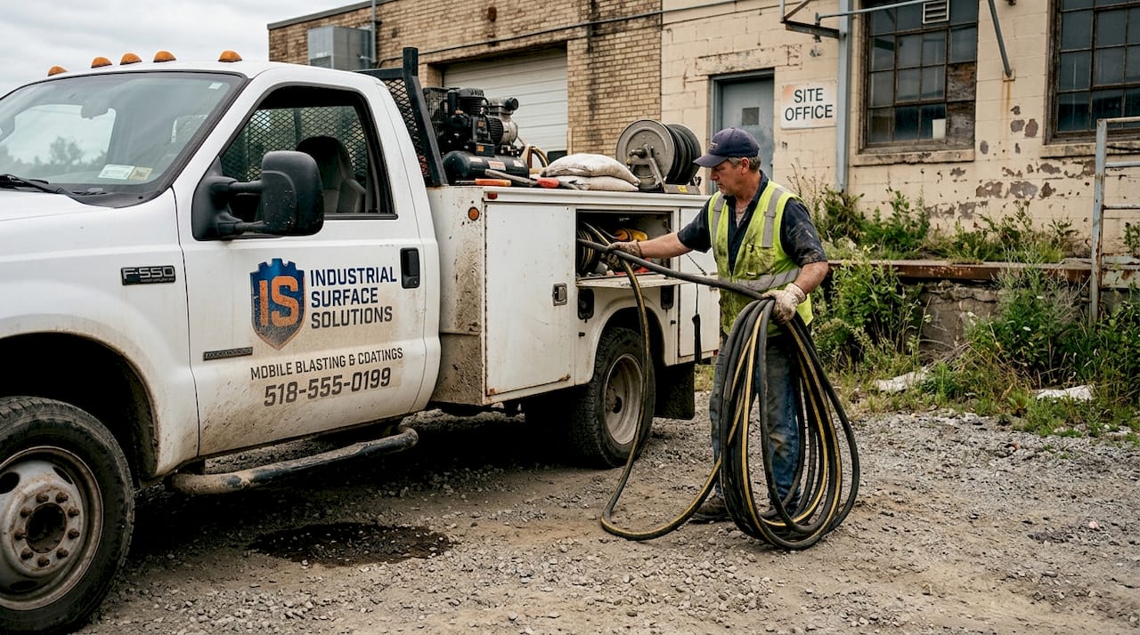 Mobile sandblasting truck at commercial job site