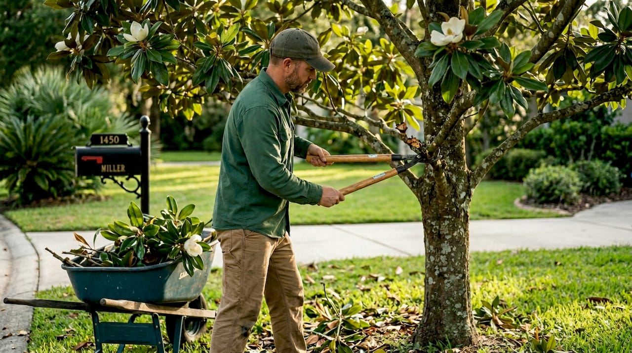 Pruner removes branch from Florida magnolia