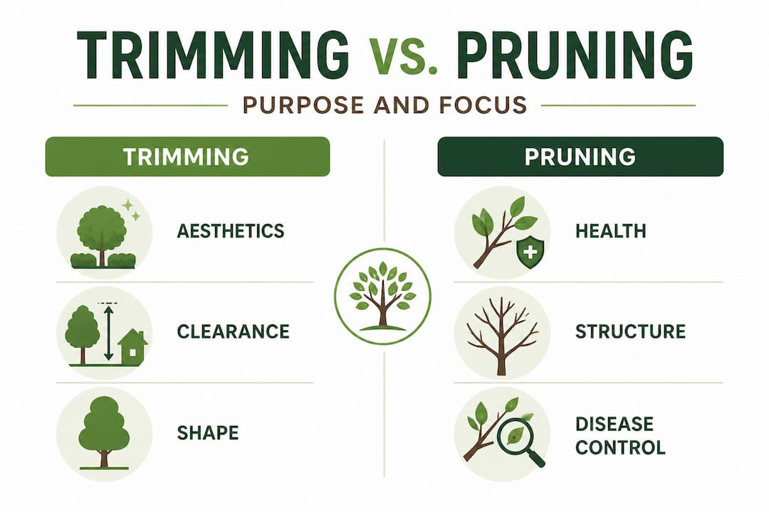 Infographic comparing tree trimming and pruning