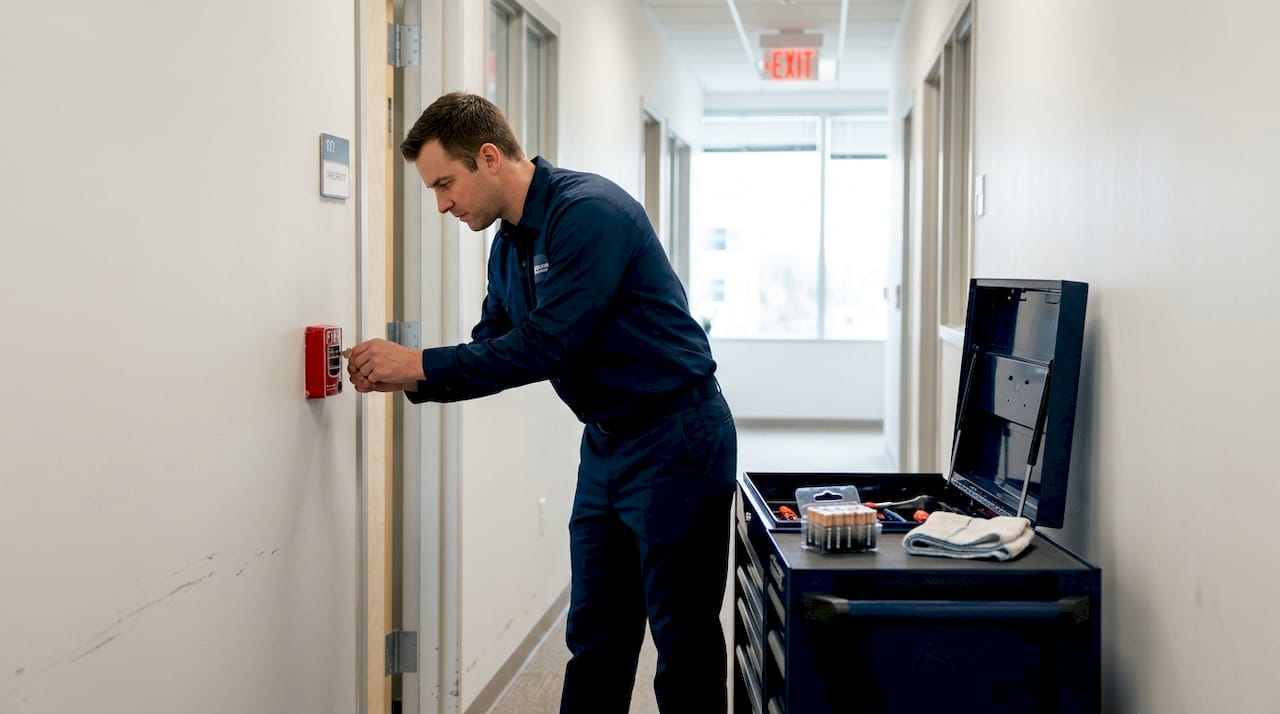 Technician reset fire alarm during inspection