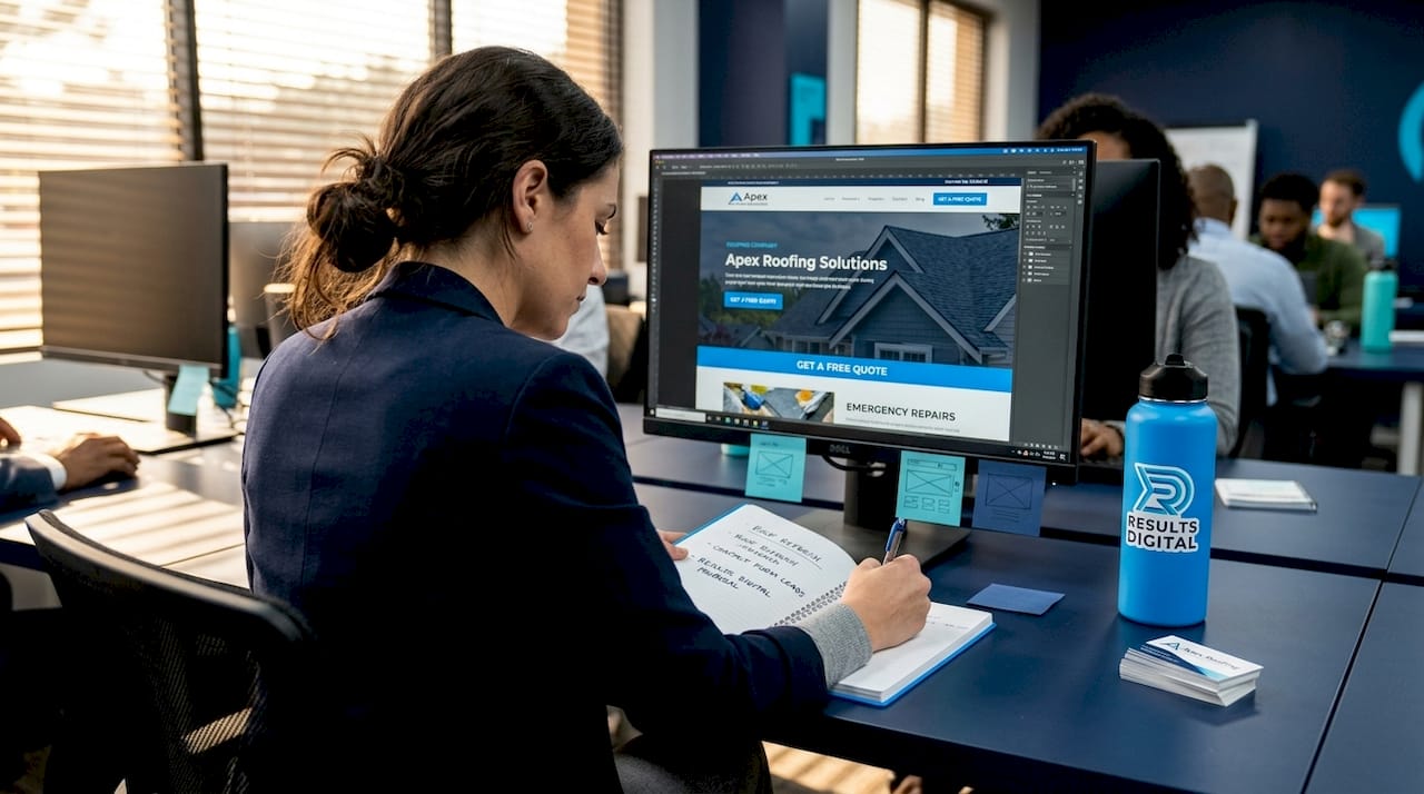 Web designer auditing roofing website at shared desk