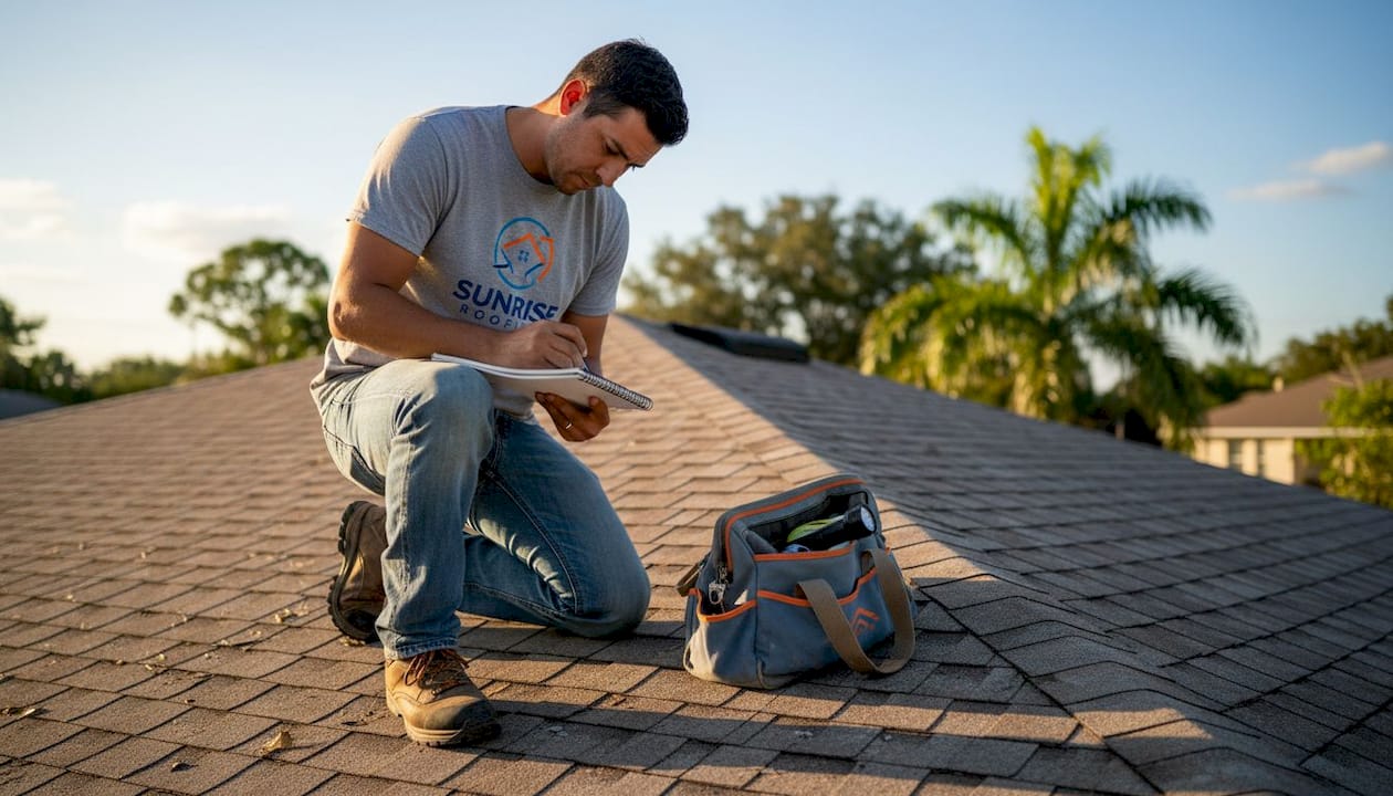 Roof inspector documenting shingles details
