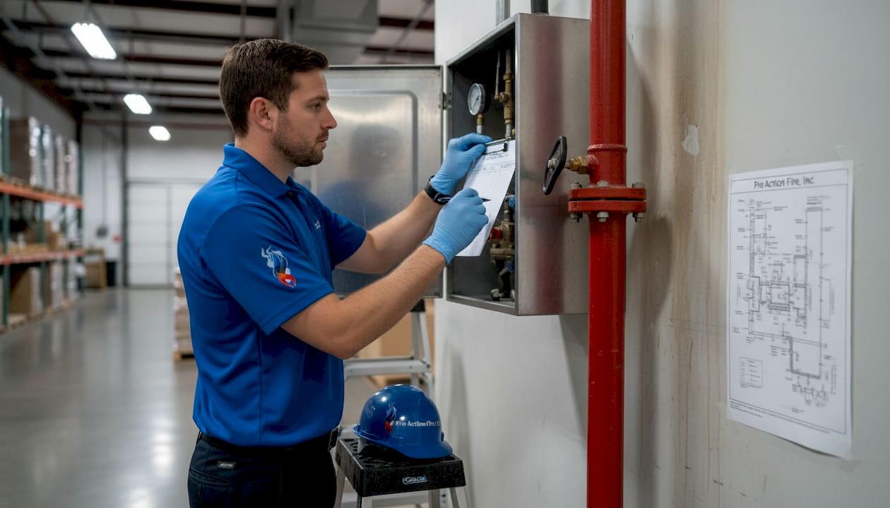 Technician inspecting warehouse sprinkler controls