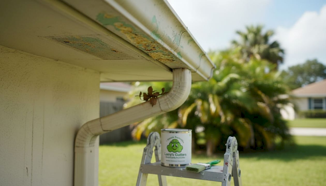 Damaged Florida gutter with visible rust