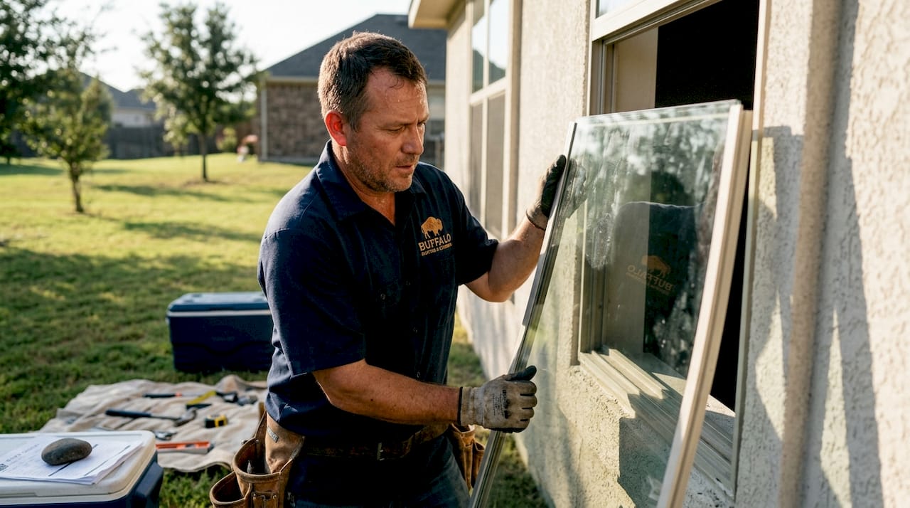 Window installer fitting new double-glazed pane