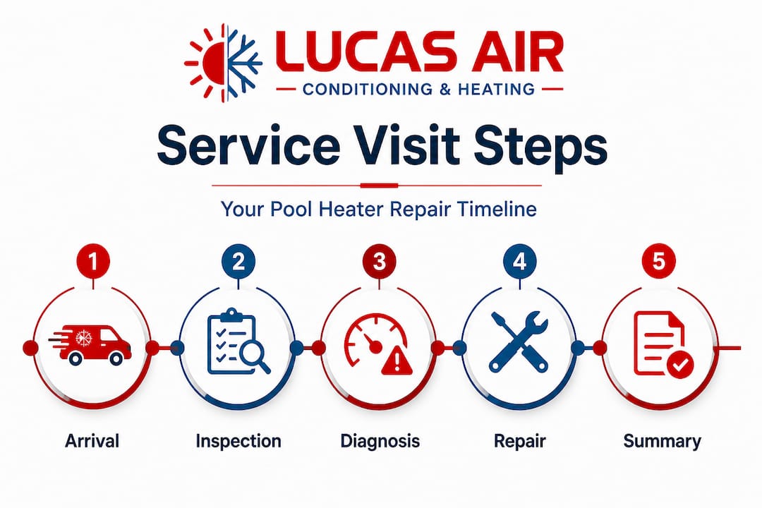 Infographic showing steps in pool heater service visit