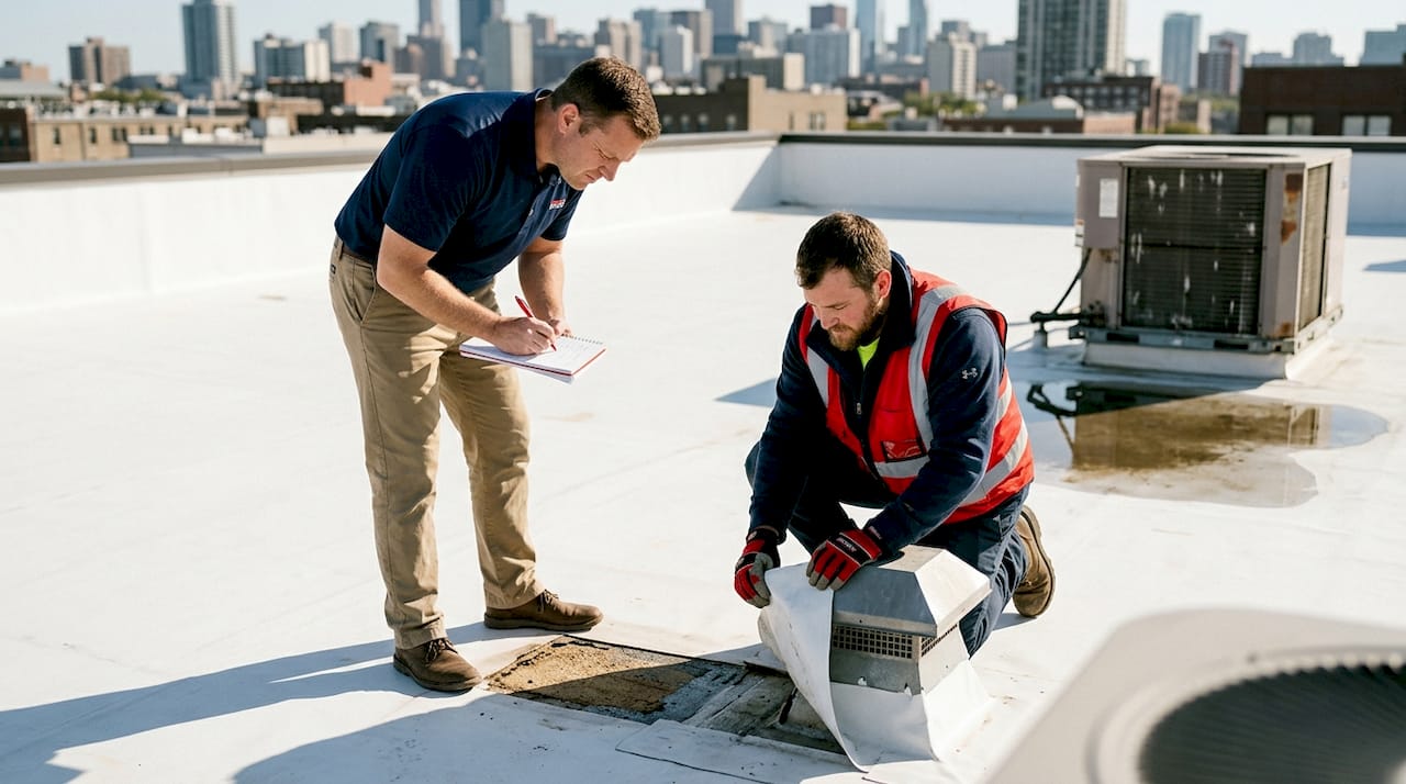 Roof inspection on flat urban building