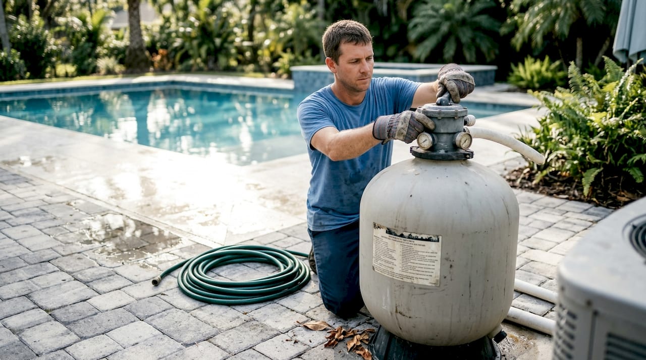 Worker inspecting sand filter at poolside