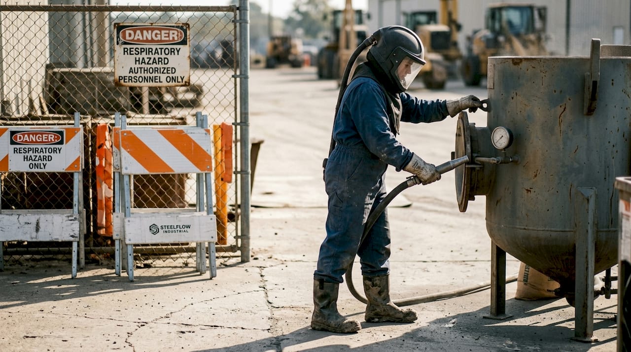 Worker wearing PPE for industrial sandblasting