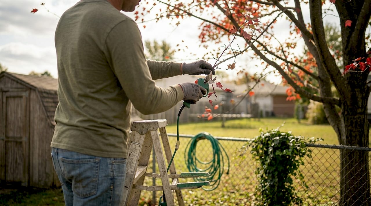 Worker trimming tree branches on ladder