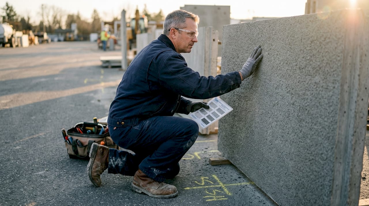 Inspector checking sandblasted concrete surface