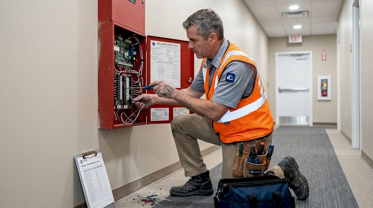 Technician inspects building fire alarm panel