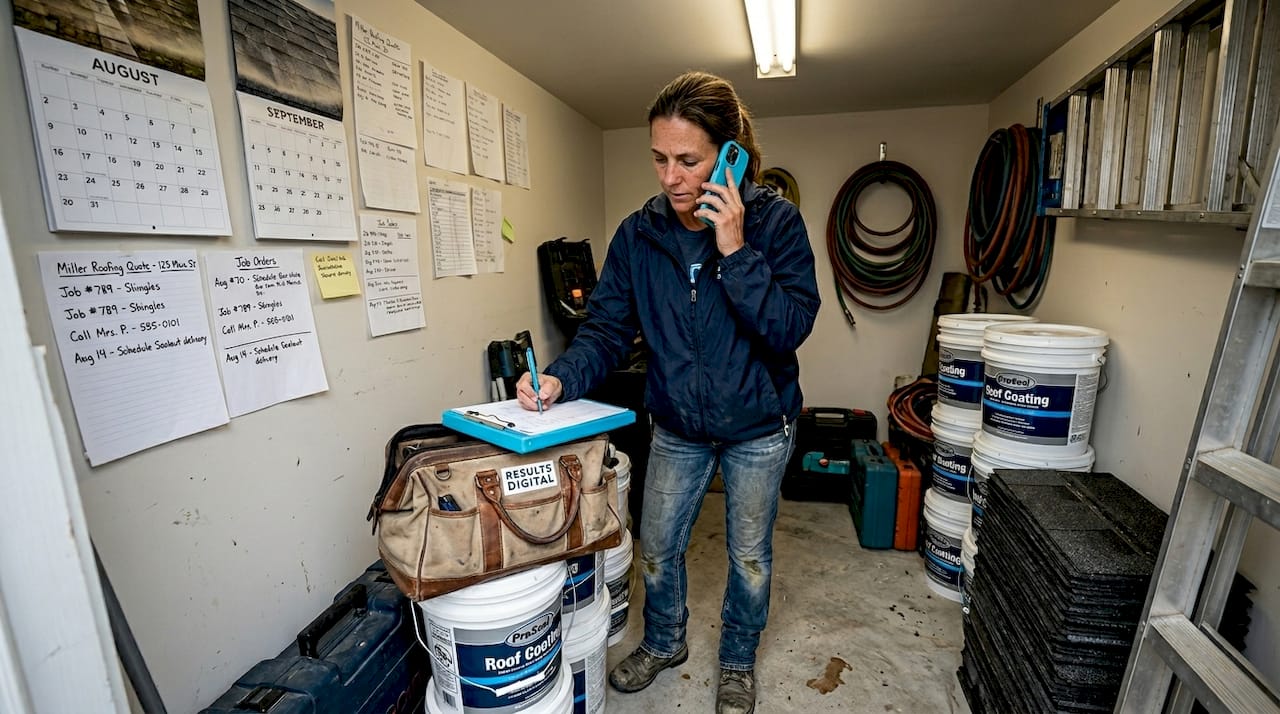 Roofer taking a phone call and writing notes in a utility room, surrounded by job schedules and roofing materials, emphasizing organization and communication for effective lead management.