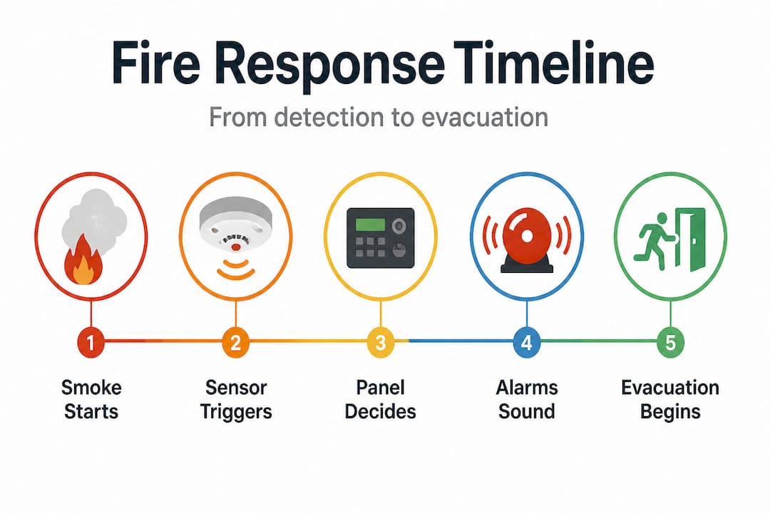 Infographic vertical timeline of fire response stages