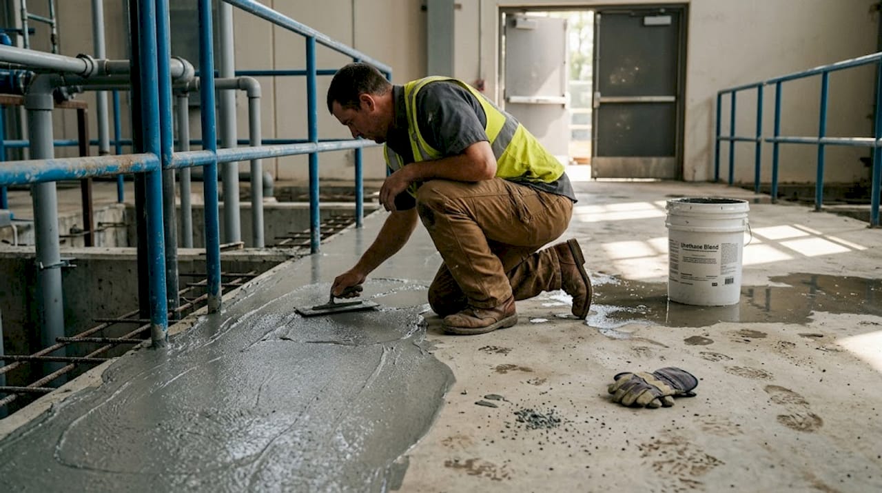 Worker troweling cementitious coating on plant floor